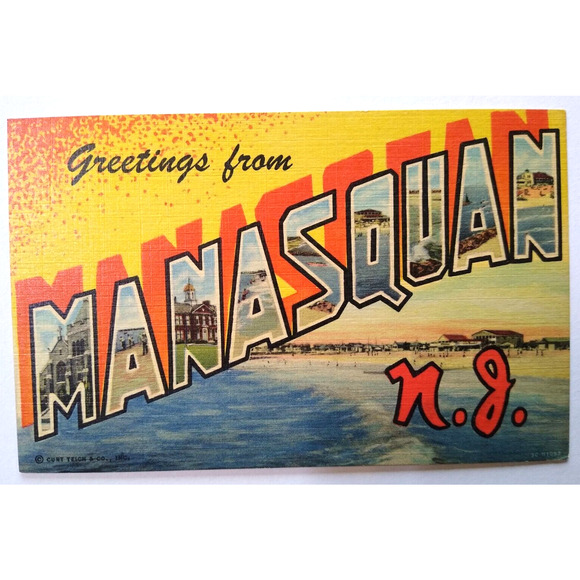 Greetings From Manasquan New Jersey Large Letter Postcard Linen Curt Teich NJ - Picture 1 of 2